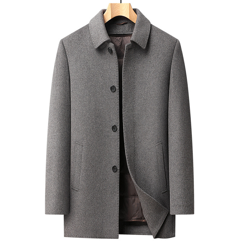 Mens Wool Jacket Thick Double Sided Fabric Stand Collar Insulated with Down Lining Autumn Winter Casual Wear