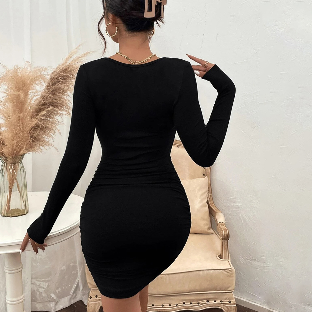 Autumn and Winter New Slim Fit Hip Patch Lace Knitted Sexy Long Sleeve Dress