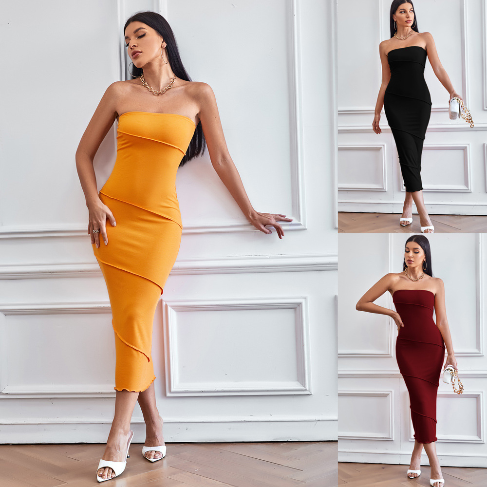 Spring Summer New European and American Style Ins Sexy Strapless Bodycon Dress Solid Color Beach Long Dress