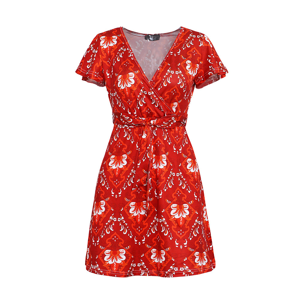 Floral Short Sleeve Maxi Dress V Neck A Line Comfortable Fabric Summer Casual Wear Wholesale Available