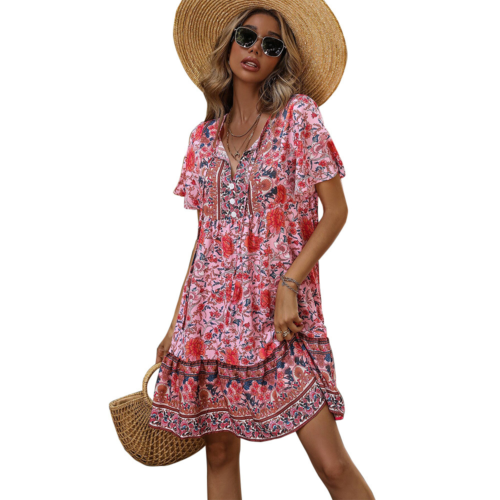 European and American Market Bohemian Floral Print Dress — V Neck, Loose Fit, Casual Style — Vacation Wear — Wholesale Supply