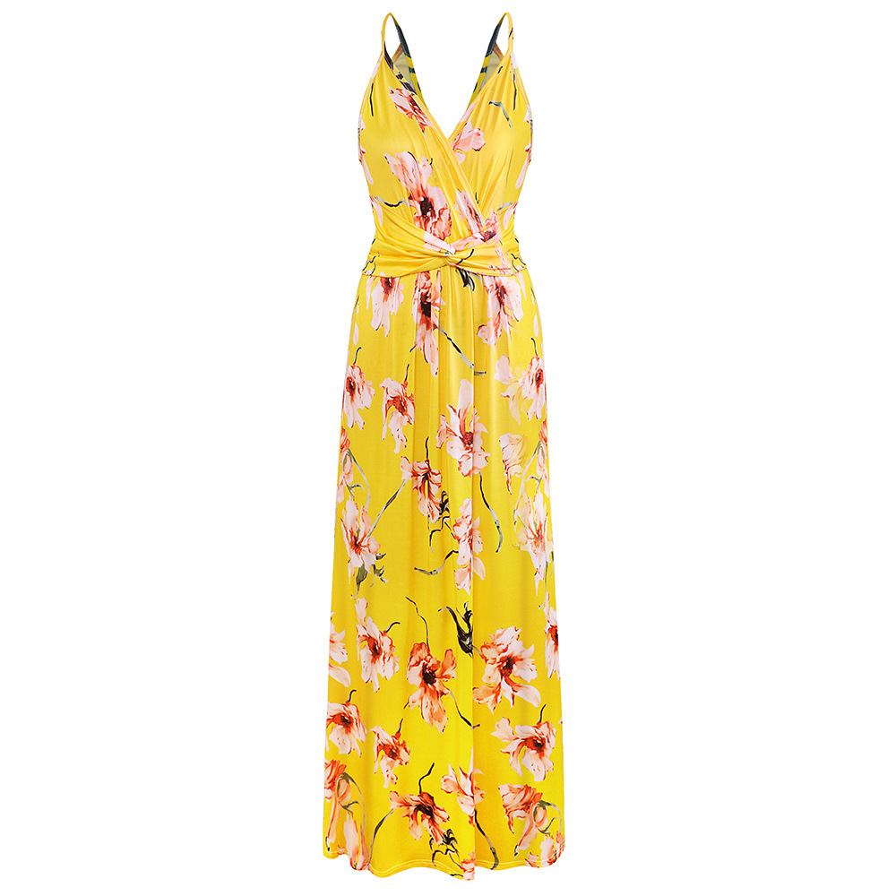 Womens Floral Print Maxi Dress V Neck Backless Sleeveless Summer Beachwear Wholesale Available