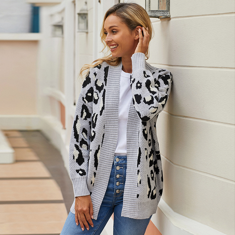 Womens Long Cardigan Sweater Winter Loose Fit Leopard Print Knitted Fabric Casual Wear Wholesale Available