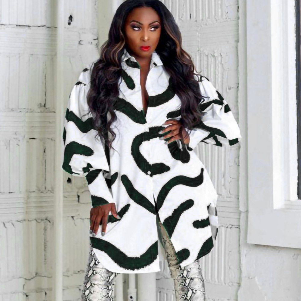 Loose Commuter Printed Lapel Dress Shirt Dress