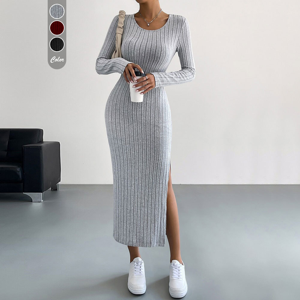 Cross border European and American Women's Commuter Simple Style Dress Autumn Winter Slim Fit Split Bodycon Midi Dress
