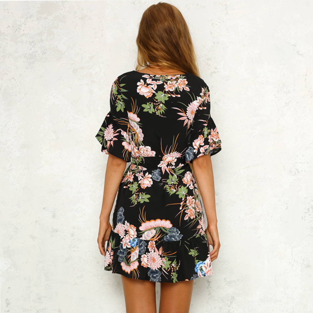 Floral Print Dress Short Length Round Neck Bell Sleeves Spring Summer Fashion for Women Wholesale Available
