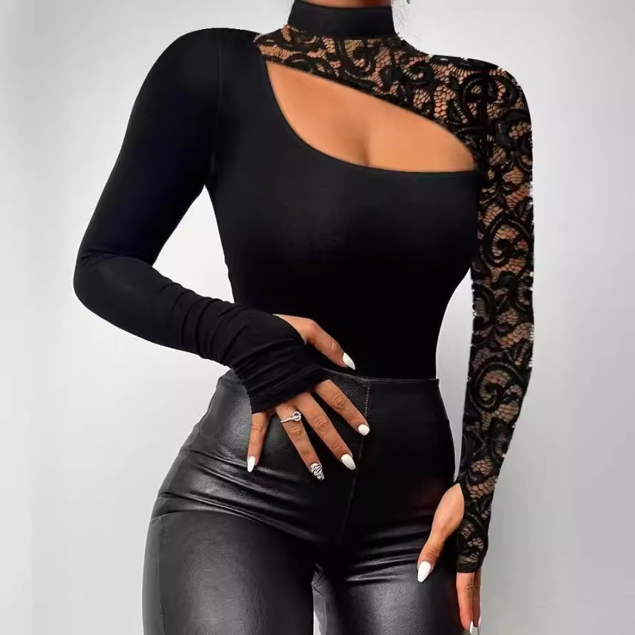 Lace Asymmetrical Long Sleeve T Shirt Off Shoulder Design Sexy Style Spring Autumn Wear Wholesale Available