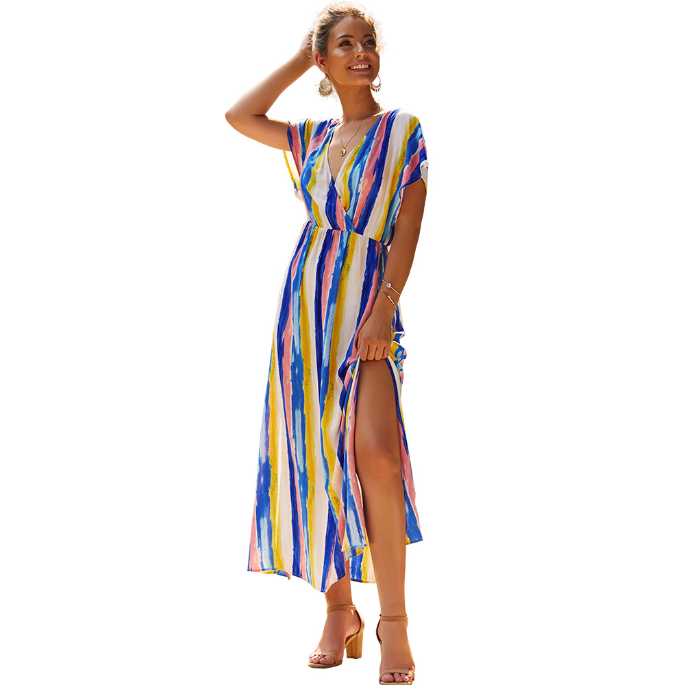 V Neck Rainbow Striped Dress Original Design Sexy Silhouette Autumn Winter Style Wholesale Available