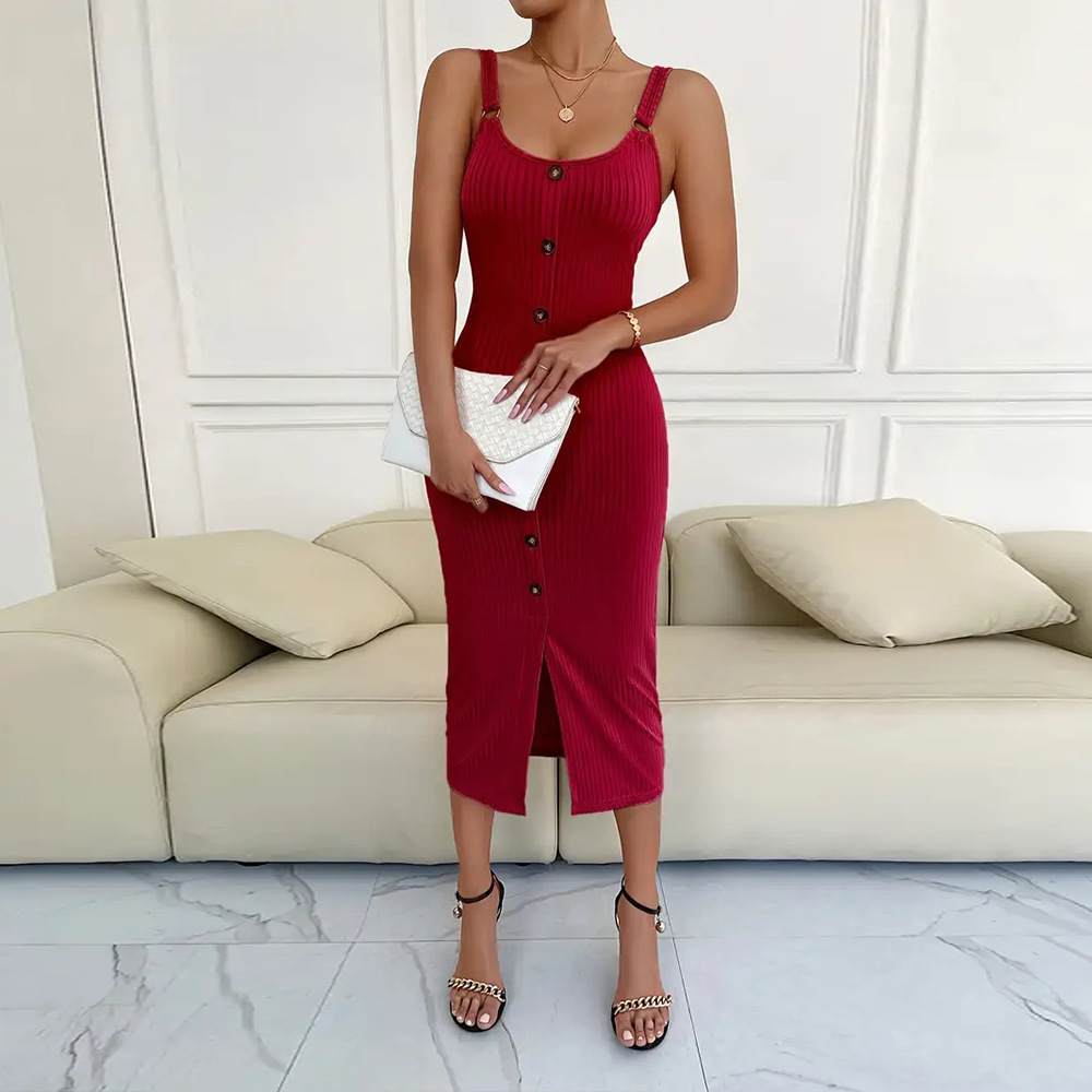 Women's Slim Fit Strappy Sleeveless Midi Solid Color High Waist Dress
