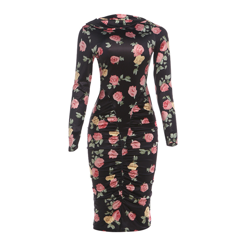 European and American Cross border Autumn and Winter New Women's Fashion Long Sleeve Personality Printed Wrinkled Sexy Bodycon Dress