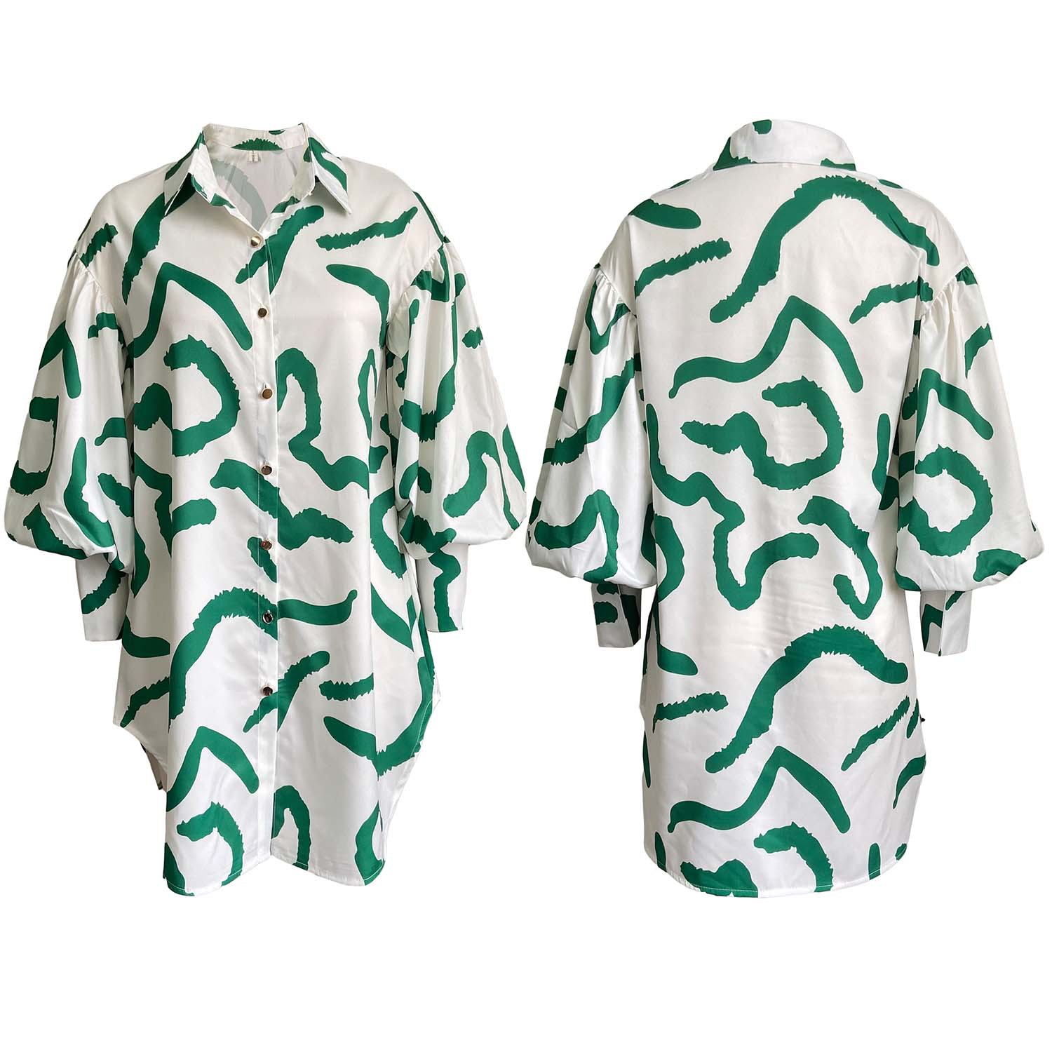 Loose Commuter Printed Lapel Dress Shirt Dress