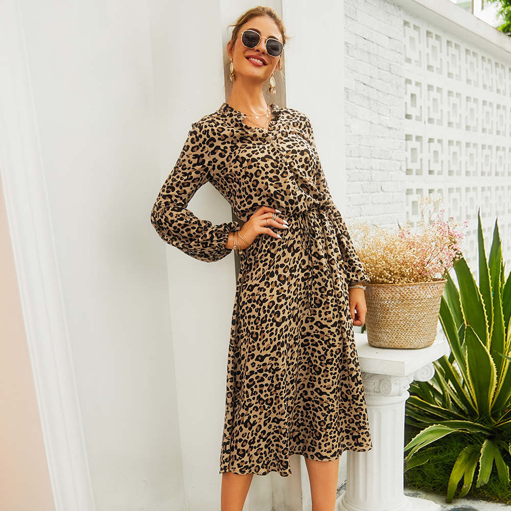 Leopard Print Long Sleeve Midi Dress Spring Summer Collection Casual Wear for Women Ready to Ship