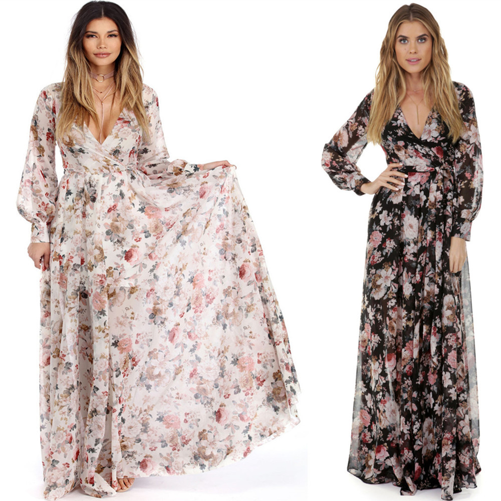 Plus Size Womens V Neck Floral Chiffon Maxi Dress Elastic Waist Flowy Hem Elegant Style Perfect for Summer Events