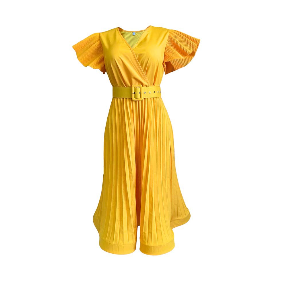 European and American Foreign Trade Women's Sexy V neck Flutter Sleeve Pleated Cross border Dress with Belt