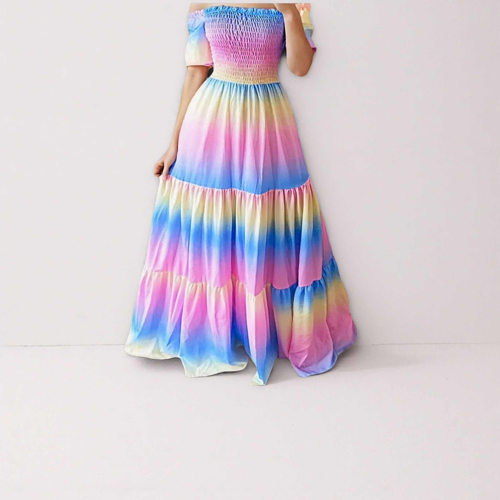 New Spring Summer European and American Foreign Trade Women's Dress One Shoulder Floral Dress Fashion Off Shoulder Long Dress