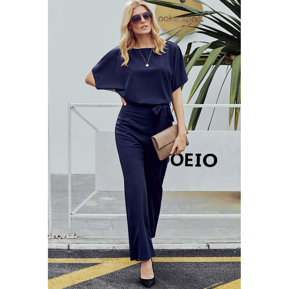 High Waisted Wide Leg Jumpsuit Solid Color Short Sleeve Tie Waist Casual Summer Wear Wholesale Available