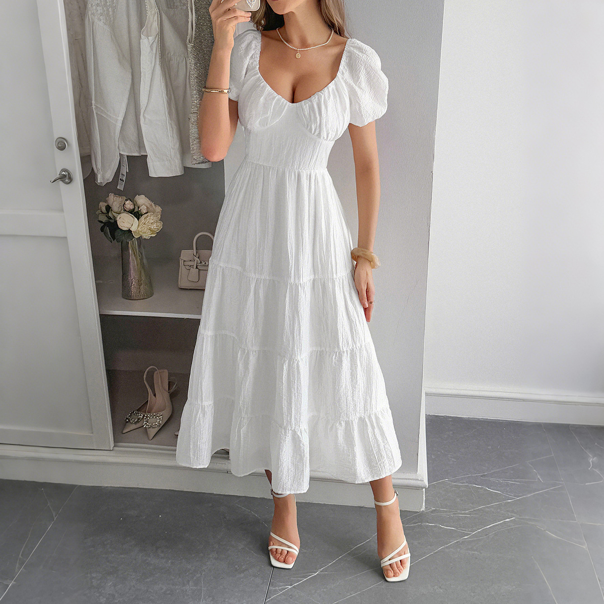 Casual Vacation Waist Tied A Line Long Dress for Women Summer
