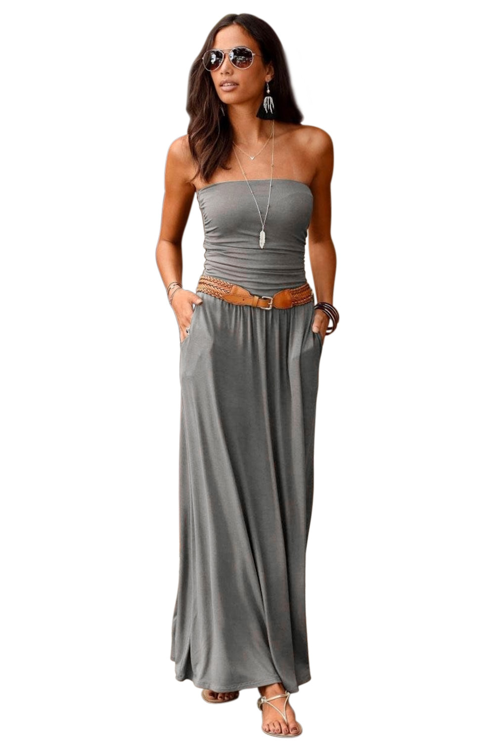 Summer Womens Dress Solid Color Strapless High Waist Pocketed Casual or Evening Wear Wholesale Available