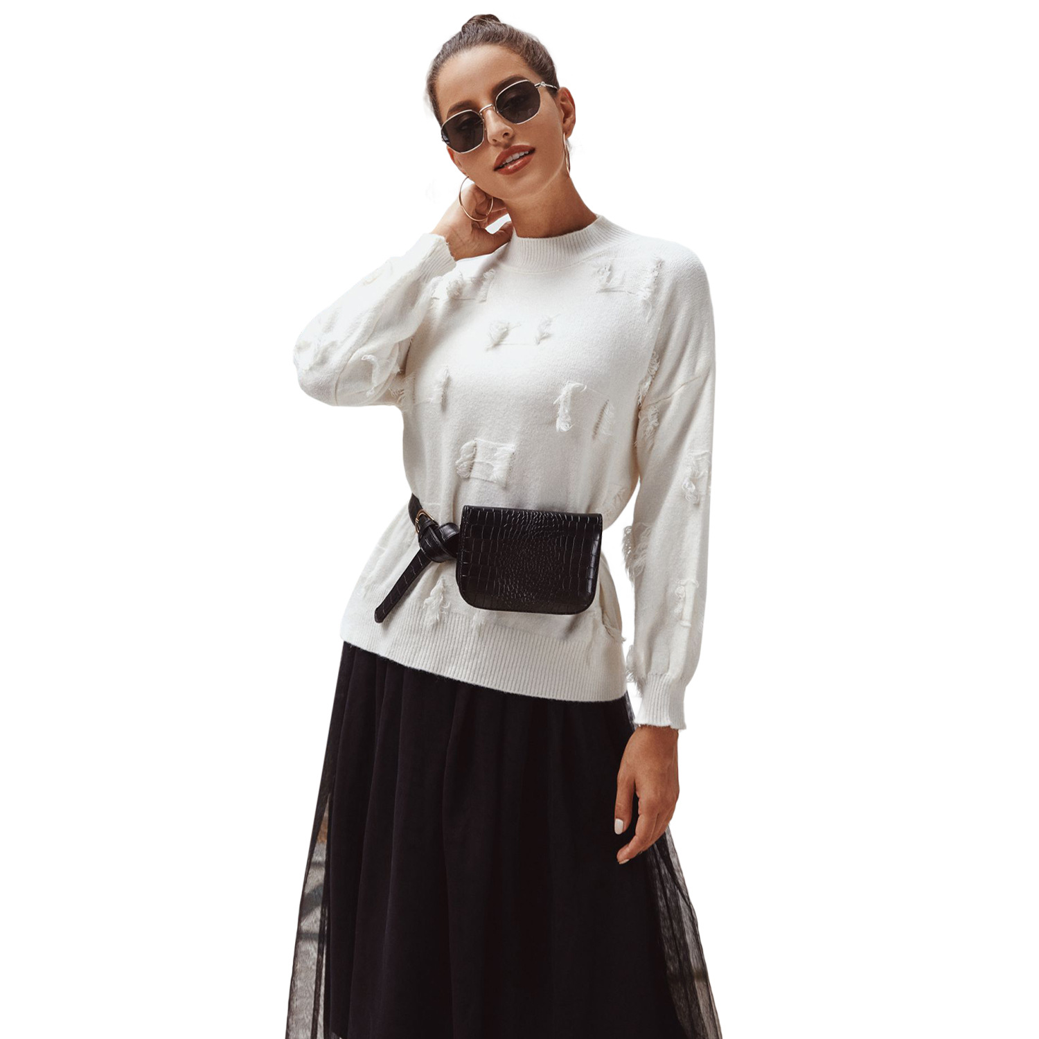 Womens Knit Sweater Slim Fit Lantern Sleeves Frayed Hem Winter Fashion for Casual Wear Wholesale Available