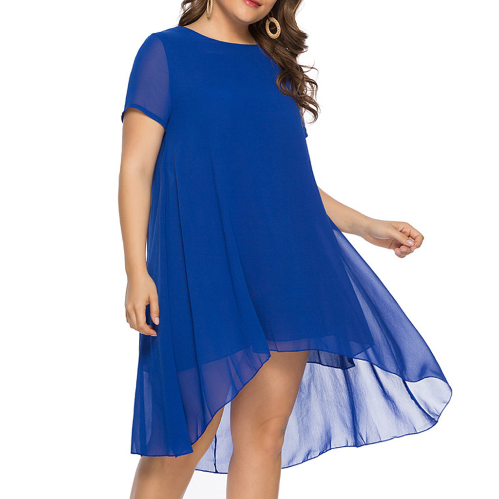 Plus Size Womens Chiffon Dress Summer Casual Round Neck Asymmetrical Hem Perfect for Parties or Everyday Wear