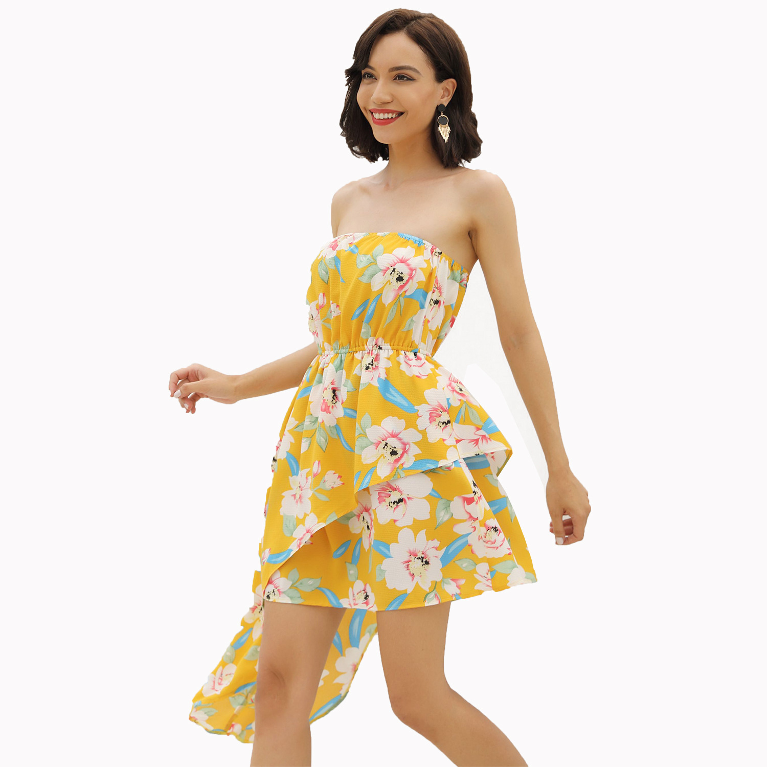 Irregular Floral Print Strapless Dress Womens Vacation Wear Elegant Evening Gown Wholesale Available