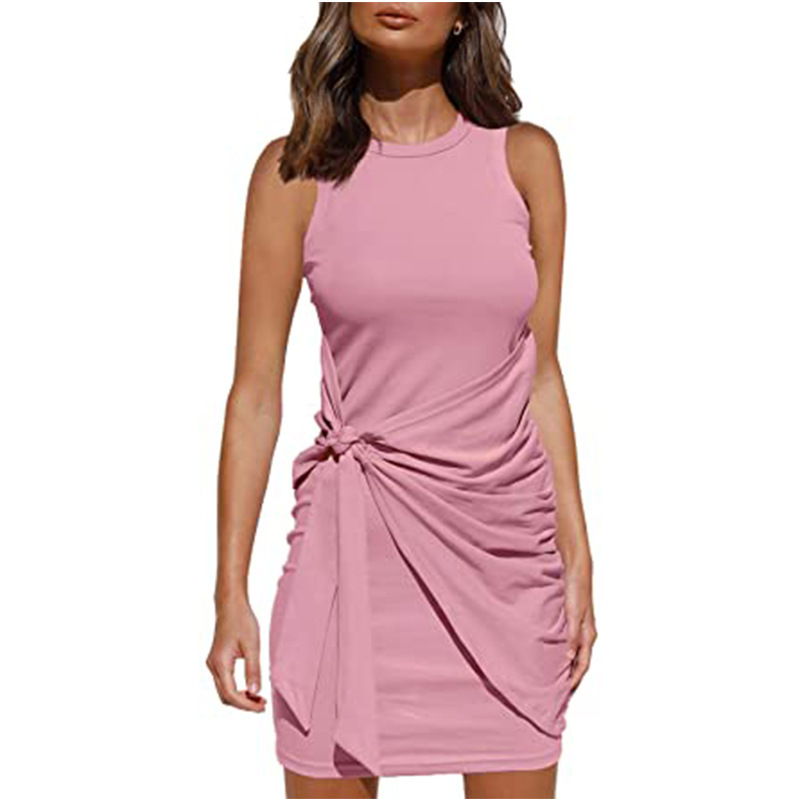 Sleeveless Round Neck Ruffled Dress Bow Tie Waist Asymmetrical Hem Elegant Style Perfect for Parties and Events