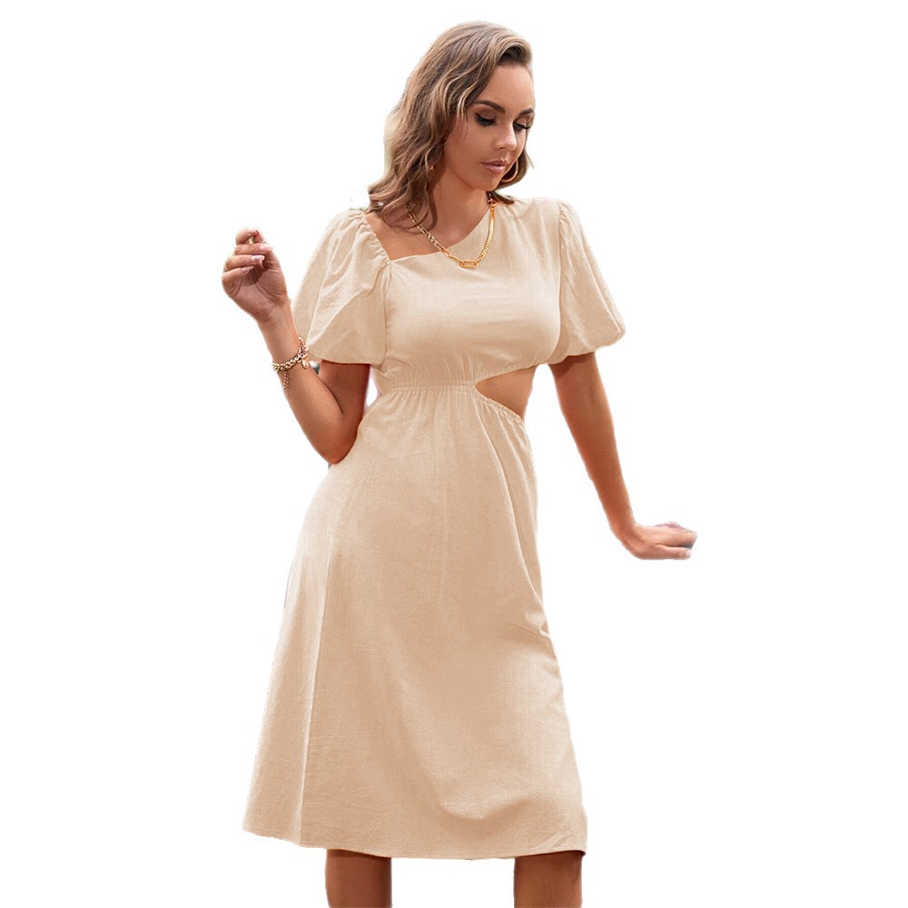 Summer Ins Popular Solid Color Casual Dress with Asymmetric Shoulder, Fresh Pastoral Style