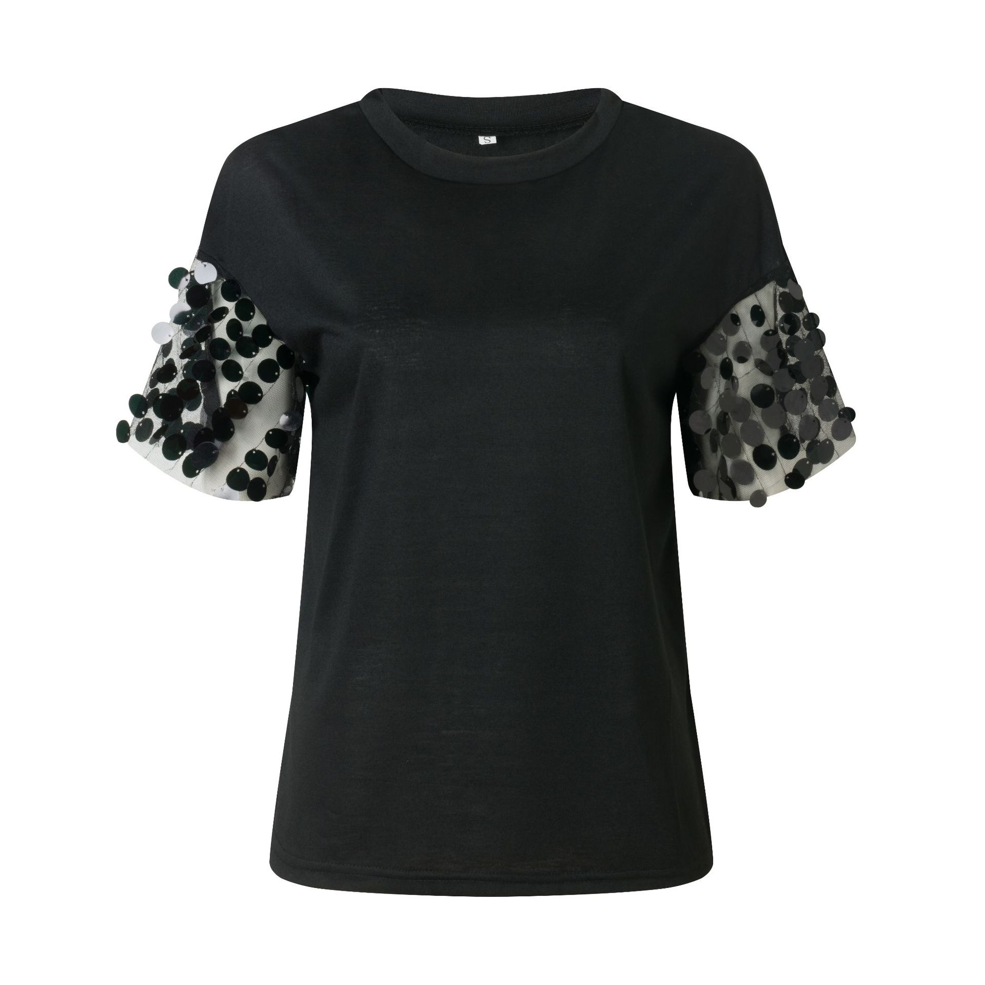 Sequin Patchwork Round Neck Short Sleeve T Shirt Womens Fashion Top Casual Wear Wholesale Available