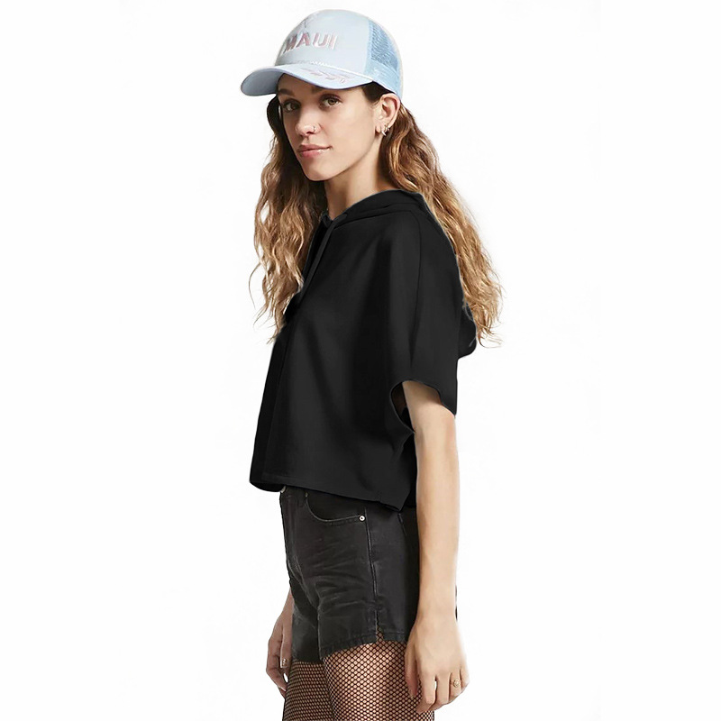 Womens Short Sleeve Hooded Crop Sweatshirt Sexy Design Spring Fashion Comfortable Fabric Wholesale Available