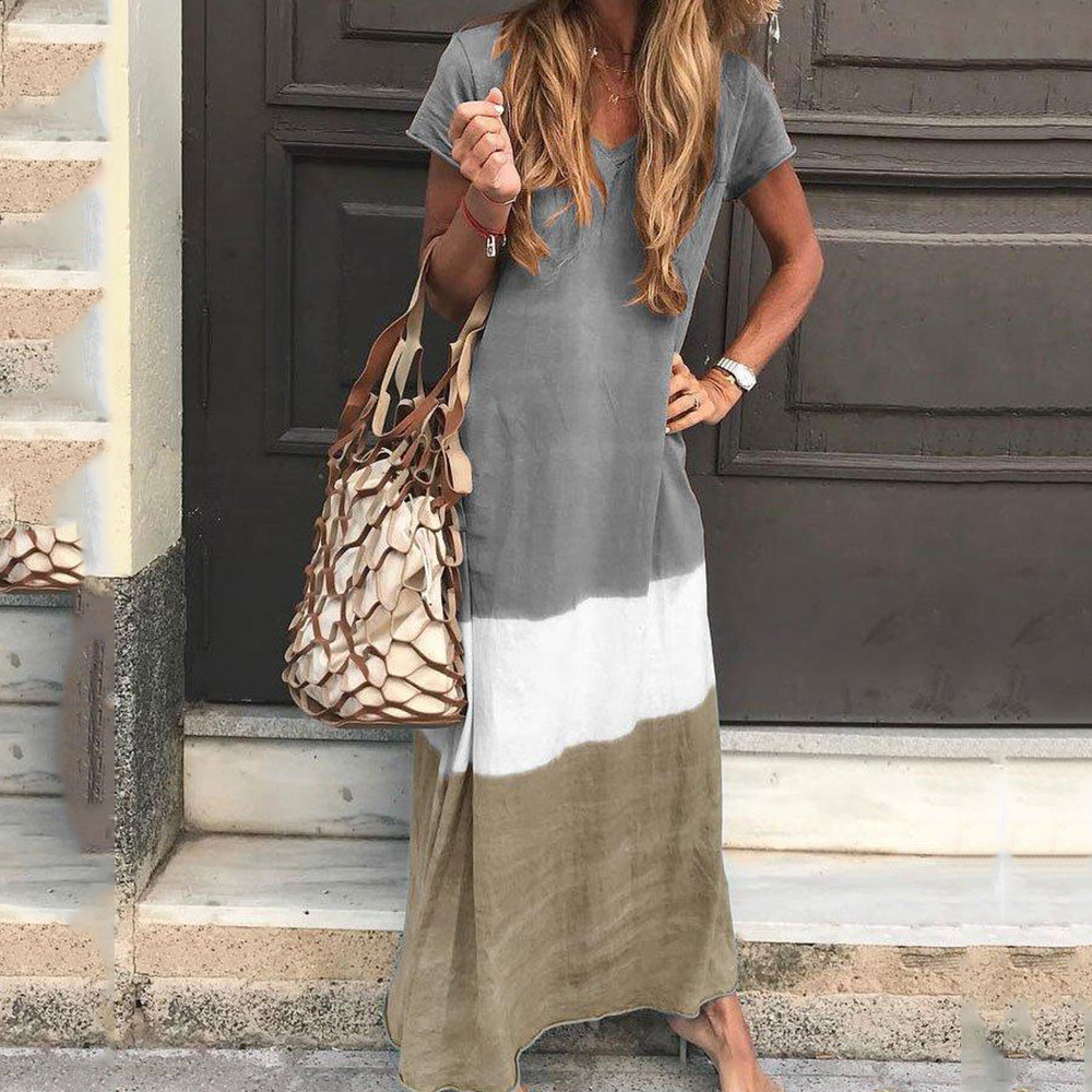Summer Womens Maxi Dress Color Block Loose Fit V Neck Short Sleeve Casual Wear for Parties or Beach Wholesale