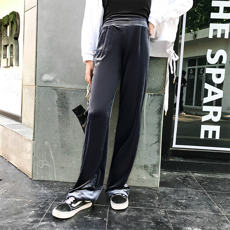 Velvet Wide Leg Trousers for Women High Waist Loose Fit Floor Length Solid Color Casual Wear Spring Collection