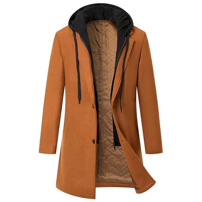 New Men's Korean Style Casual Woolen Coat Mid length with Detachable Hood Trendy Jacket