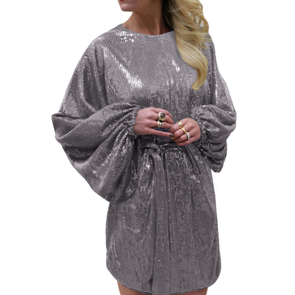 Womens Mini Dress Round Neck Long Sleeve Belted Sequin Detail Loose Fit Spring Fashion Wholesale Available