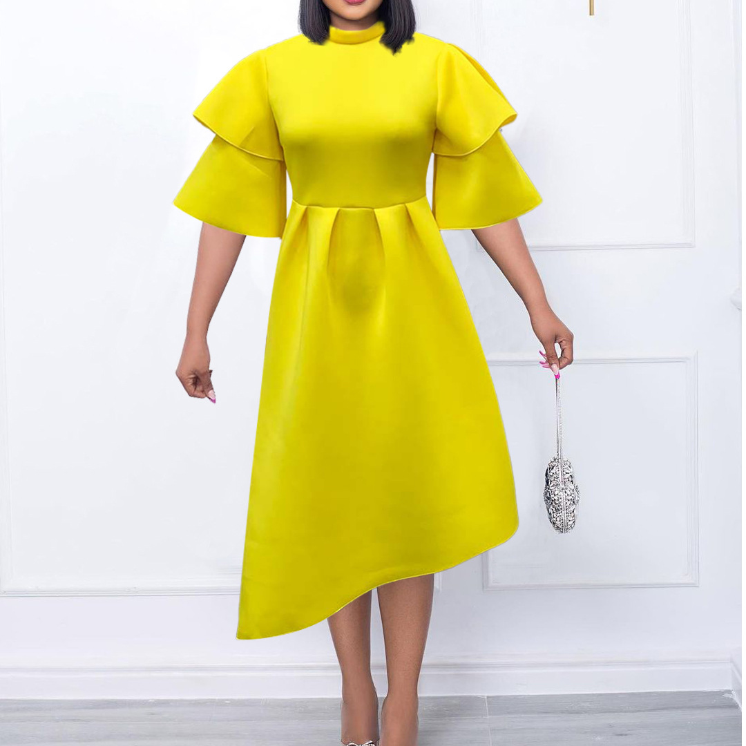 New Women's Dress with Double High Neck, Solid Color, Flared Skirt, Plus Size, Evening Gown