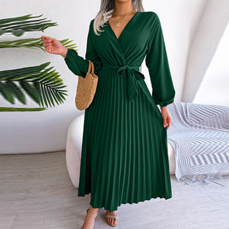 Summer Casual High Waist Pleated Dress Solid Color V Neck Cross Back Design Perfect for Outdoor Events Wholesale