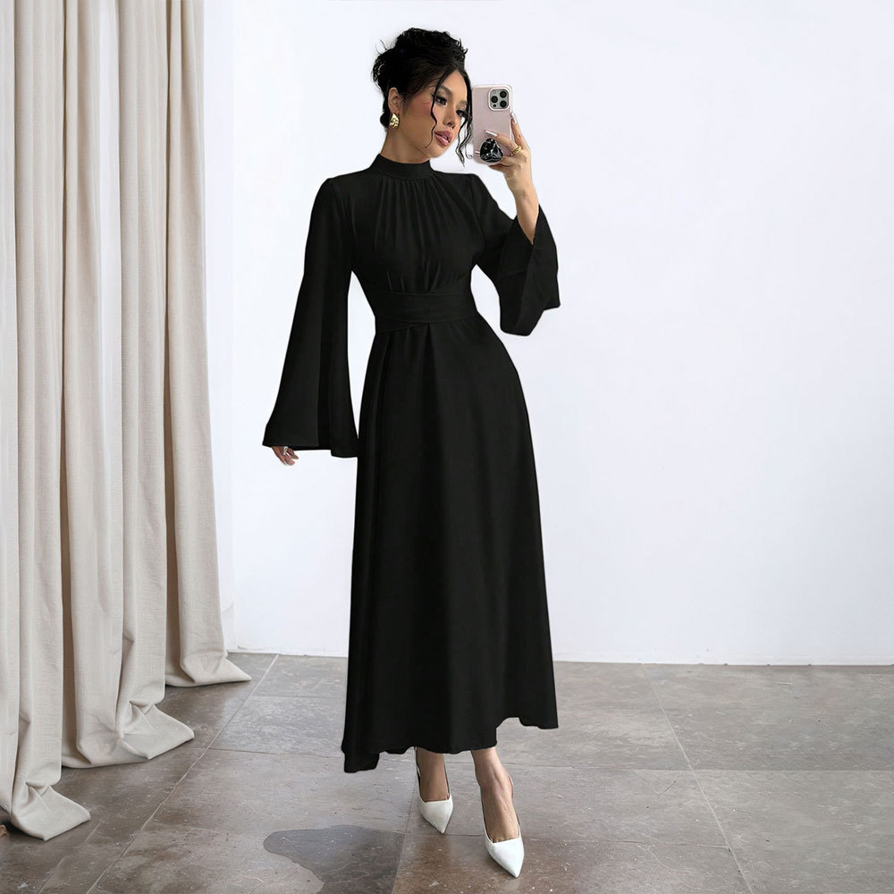 New Black Stand Collar Waist Collecting Long Dress for Women Autumn Winter Long Sleeve Retro Flared Sleeve Solid Color Dress