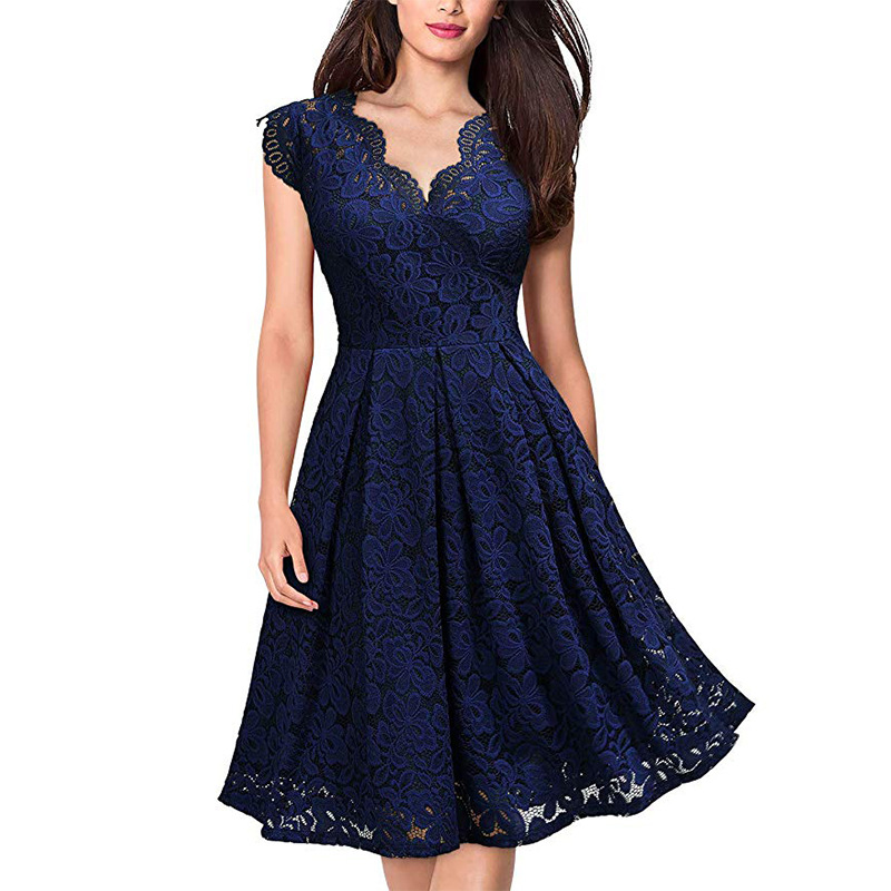 Vintage Lace V Neck Sleeveless Cocktail Dress Short Sleeve Flared Hem Elegant Style Wholesale Available