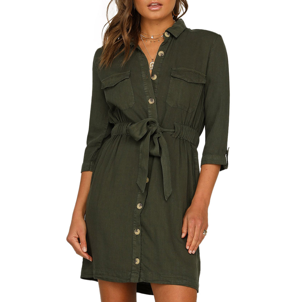 Womens Shirt Dress Autumn Style Three Quarter Sleeve Slim Fit Button Closure Pocket Design Wholesale Available