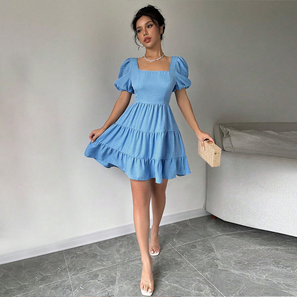 Elegant Fresh Sweet Dress Summer Square Neck Backless High Waist A line Short Dress