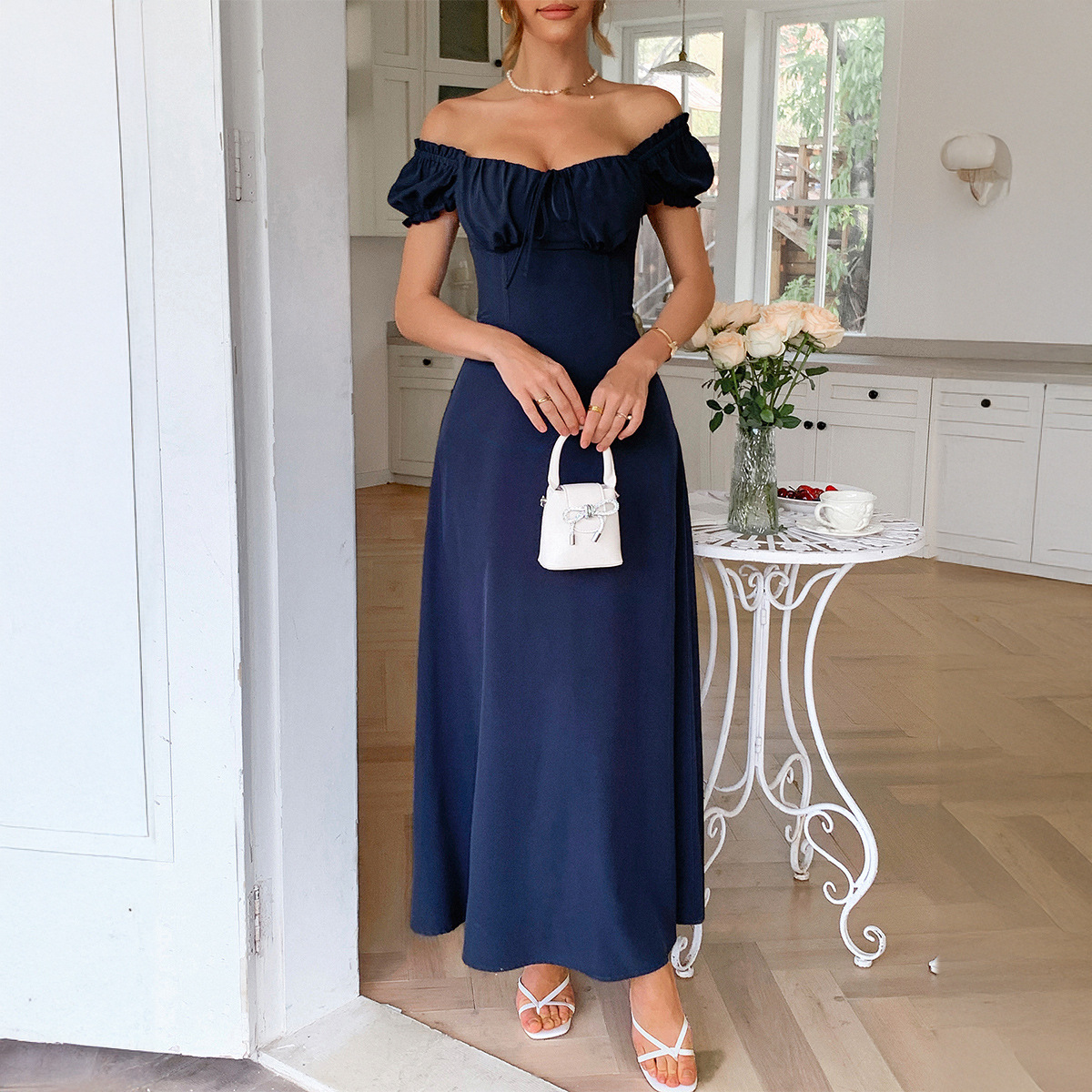 Elegant Short Sleeve Off Shoulder Long Dress for Women Spring Summer
