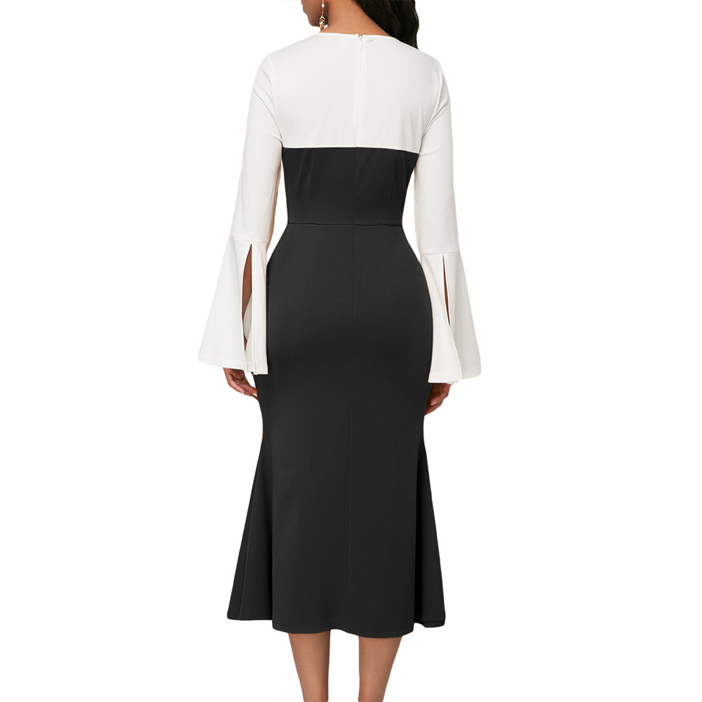 Womens Spring Summer Dress Waist Defining Slim Fit Round Neck Long Sleeve Color Block Casual or Party Wear