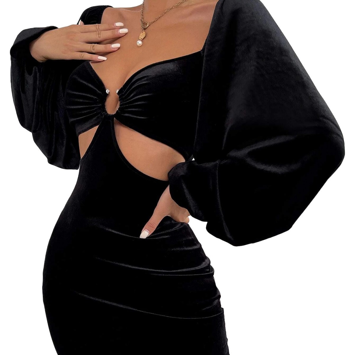 Sexy Hollow Out Round Ring Slim Waist Elegant Puff Sleeve Velvet Dress