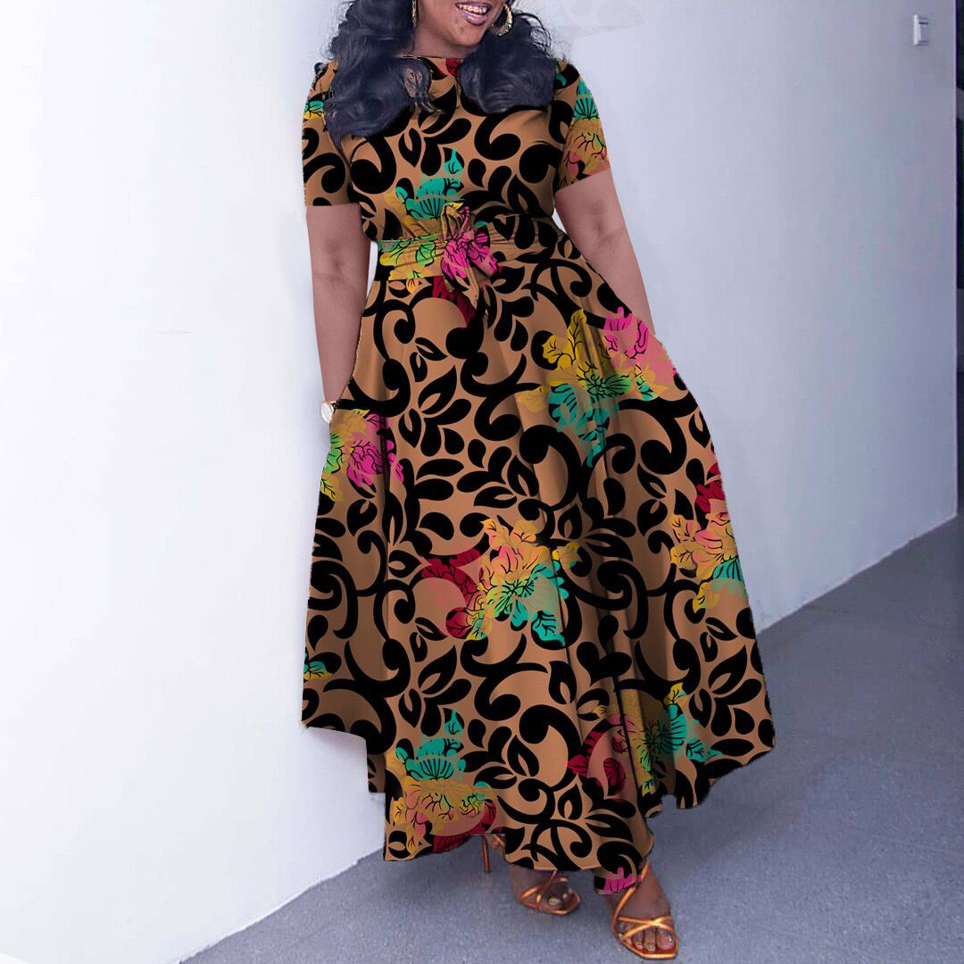 Fashionable Plus Size Short Sleeve A Line Dress with Tie for Women, Trendy African Style, Perfect for Cross Border Trade