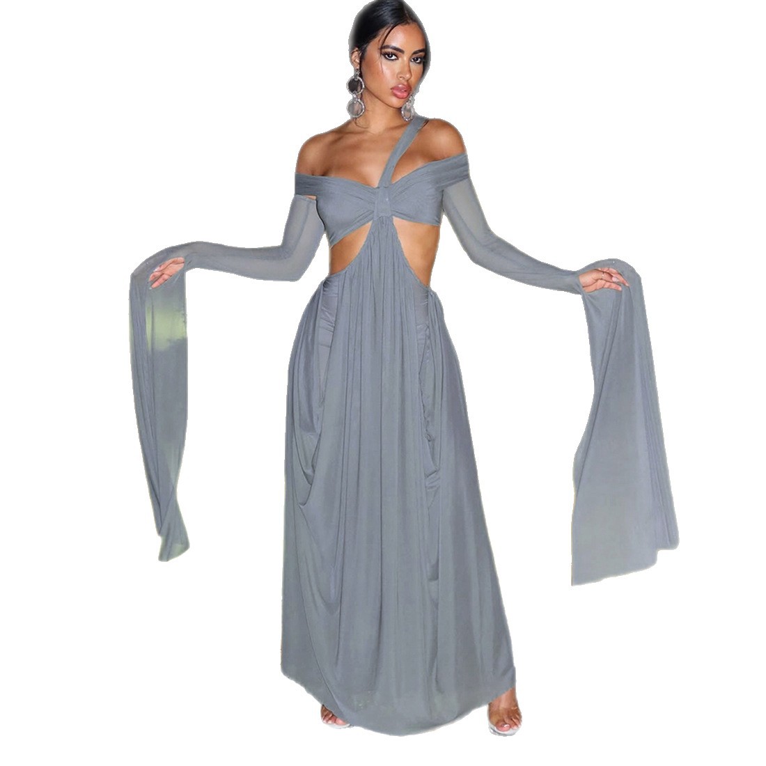 European and American Cross border Autumn and Winter New Women's Fashion Hanging Collar Sleeveless Solid Color Sexy Off Shoulder Hot Girl Dress