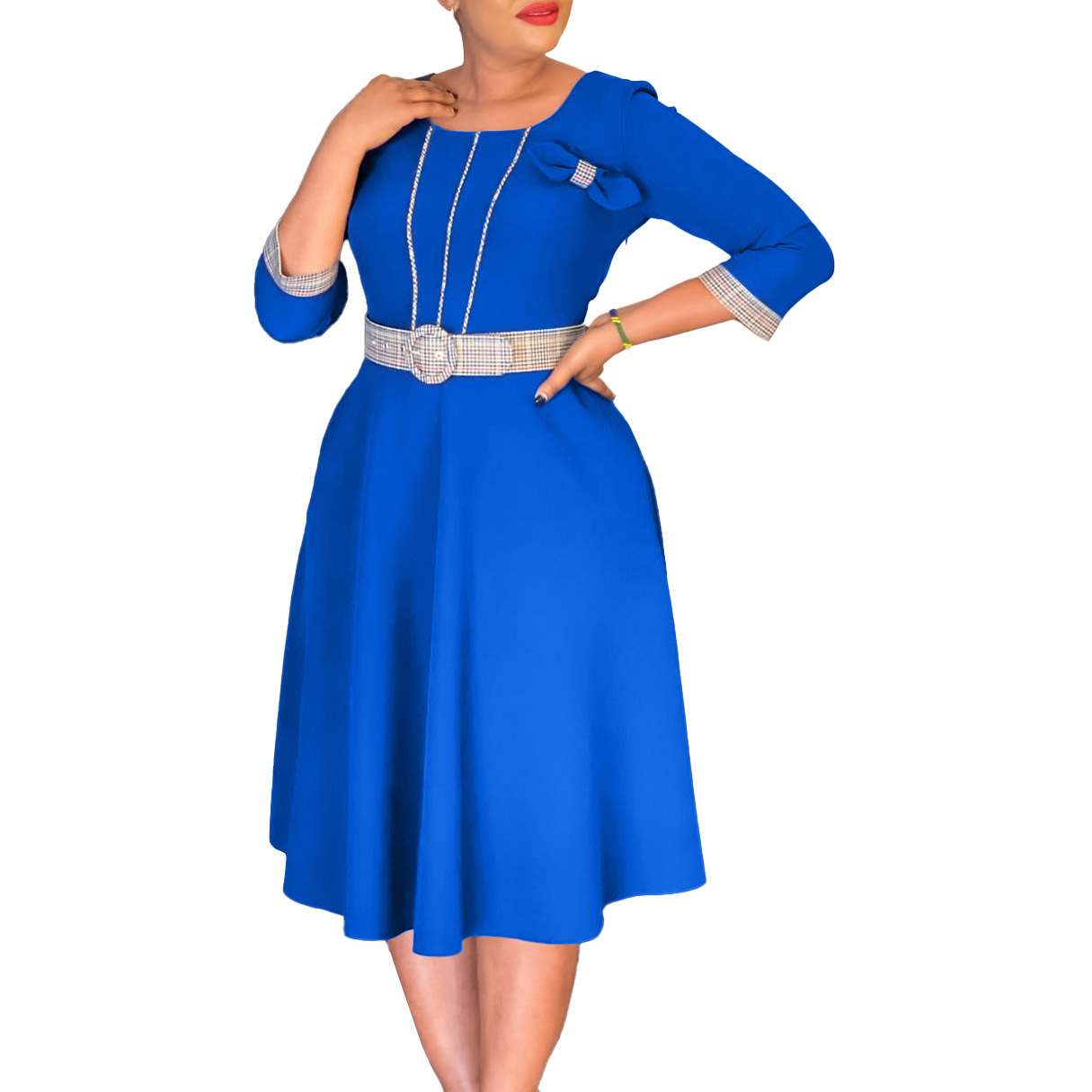 Elegant Women's Fashion Dress with Round Neck, Color Block Design, African Style, Ideal for Trade and Export, Stylish and Chic