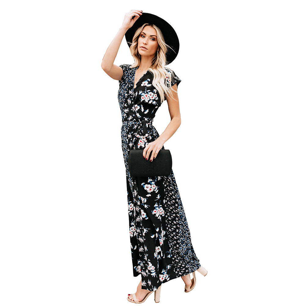 Summer Womens Dress High Waist Round Neck Short Sleeve Floral Print Casual or Party Wear Wholesale Available