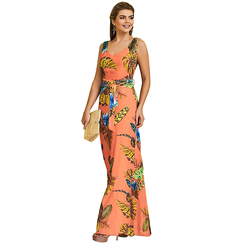 Sleeveless Floral Print Dress Round Neck Tie Detail Sexy Fit Summer Casual Wear for Women Wholesale Available