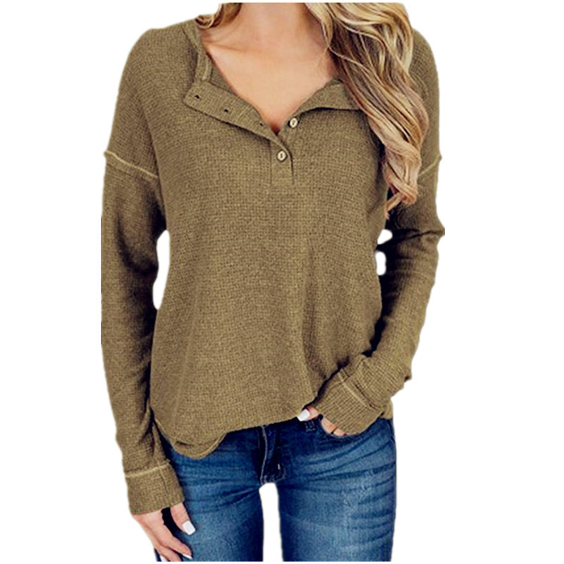 Waffle Knit Long Sleeve T Shirt for Women V Neck Button Detail Casual Style Wholesale Available
