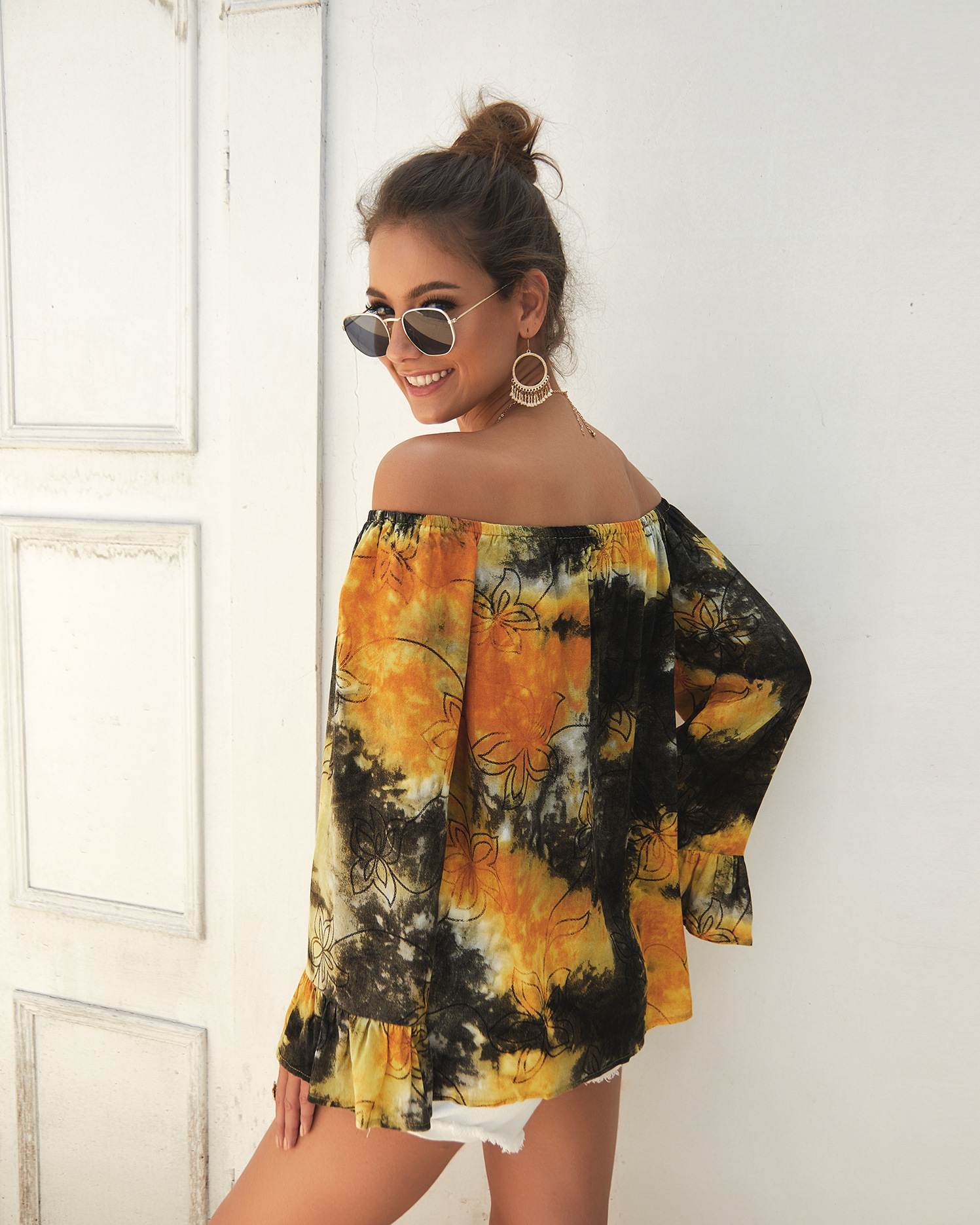 Womens Summer Long Sleeve Off Shoulder Top Original Design Lightweight Fabric Trendy Style Perfect for Casual