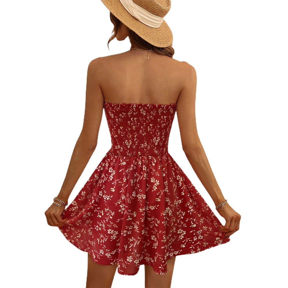 Cross border Wholesale Playful Waist Slim Floral Strapless Dress Summer New Design Sling Dress for Women